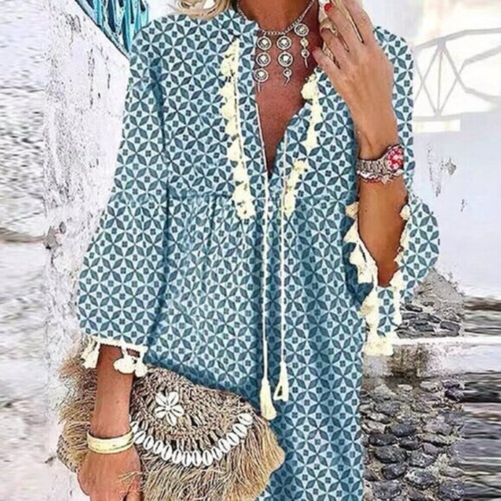 Blue Boho Women's Sleeveless Fringe Decorated Belted Dress With All-Over Print